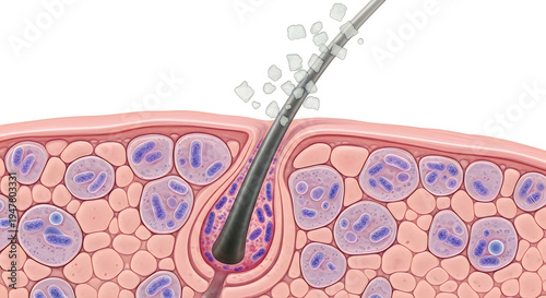 Close-up vector illustration of a hair follicle and surrounding skin cells, detailed medical vector art