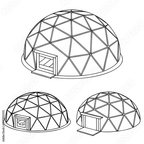 Vector illustration icons of geodesic dome structures in various stages of complexity on a white background