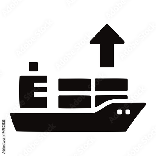A cargo ship transports containers upward with an arrow