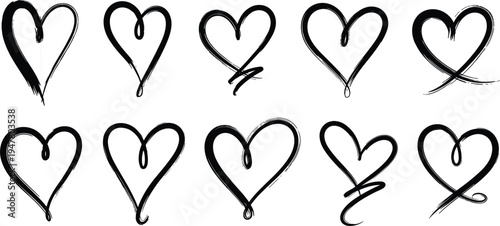 Hand Drawn Heart Doodle Set, Love Symbol Sketch Collection, Romantic Valentine Brush Style Heart Shapes Black Vector Illustration Pack