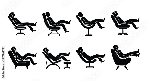 Silhouettes of people relaxing in various modern lounge chairs