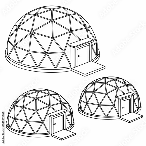 Vector illustration icons of geodesic dome structures in various stages of complexity on a white background