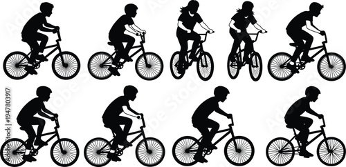  Children Riding Bicycle Silhouette Collection, Kids Cycling Activity Set, Young Cyclist Riding Bike Outdoor Sport and Recreation Black Vector Illustration