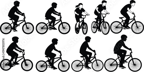 Kids Riding Bicycle Silhouette Set, Children Cycling Activity Collection, Young Cyclist Riding Bike Sport and Outdoor Recreation Black Vector Illustration Pack