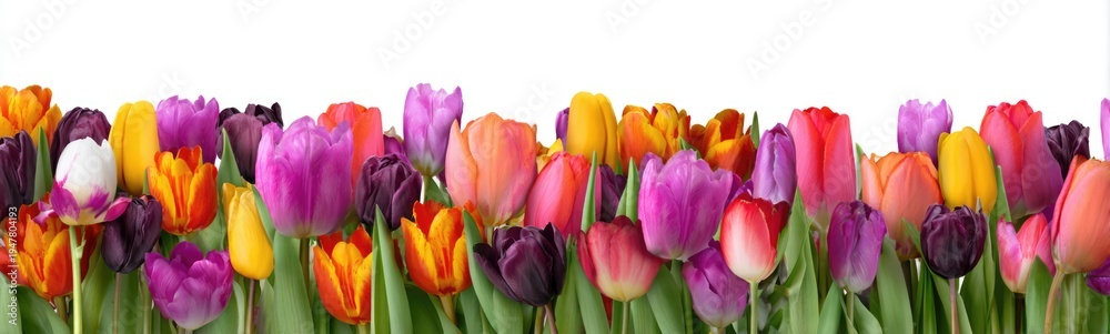 Fototapeta premium Vibrant Colorful Tulips in a Row on White Background.