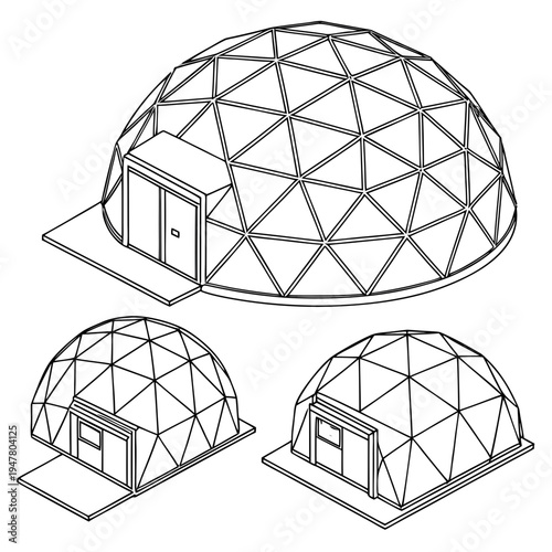 Vector illustration icons of geodesic dome structures in various stages of complexity on a white background