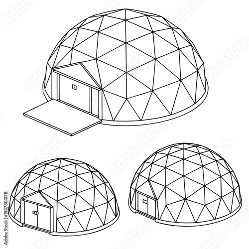 Vector illustration icons of geodesic dome structures in various stages of complexity on a white background