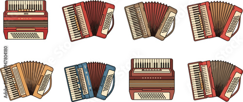 Accordion Musical Instrument Collection with Classic Folk Accordions, Vintage Button and Piano Accordion Variations Vector Illustration