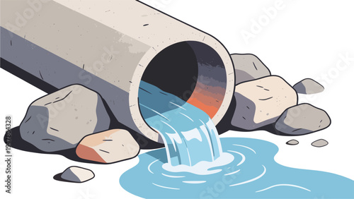 Flat Vector Illustration of Diagonal Drainage Pipe Discharging Water with Rocks – Modern Sewer Pipe Outflow Concept