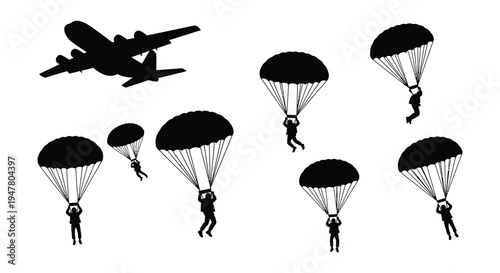 Silhouettes of skydivers and an airplane against a white background