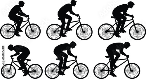 Cyclist Riding Bicycle Silhouette Set, Road Bike Rider Pedaling Collection, Cycling Athlete Sport Activity Black Vector Illustration Pack
