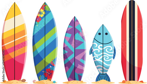 Colorful Surfboard Illustration Set Featuring Various Designs and Patterns for Beach, Summer, and Water Sports Designs