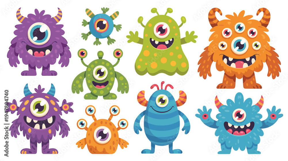 Fototapeta premium Collection of Cute Cartoon Monsters with Multiple Eyes and Horns.