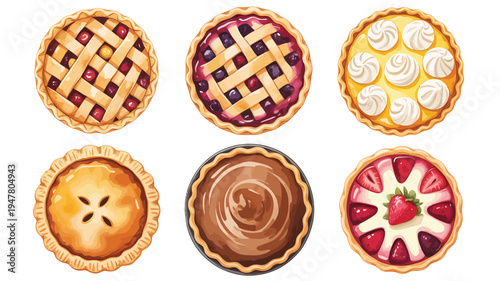 Collection of Six Delicious Pies Top View Illustration.