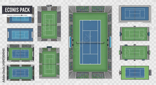Collection of Tennis Court Illustrations with Different Surfaces and Perspectives.
