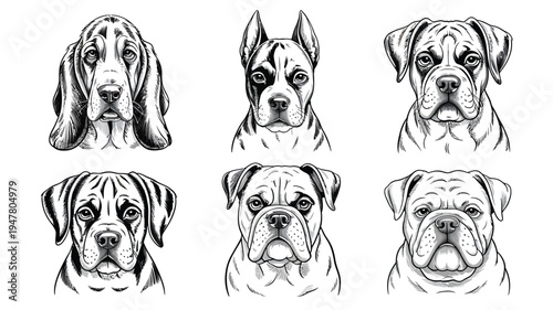 Collection of Six Distinct Dog Breed Portraits in Black and White Sketch Style.