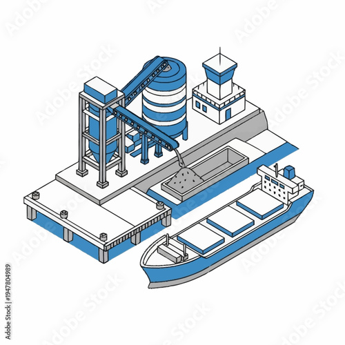 Isometric illustration of a port with a ship being loaded with cargo.