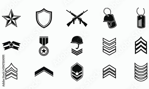 Military rank insignia and symbols set including stars, medals, guns, and chevrons isolated on white background