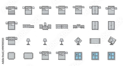 Collection of Bedroom Furniture Icons - Beds, Nightstands, Lamps, and Windows.