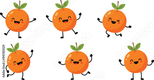 Cute Orange Fruit Character Illustration Set Featuring Happy Oranges with Arms and Faces for Food, Fruit, and Kawaii Designs