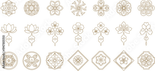 Elegant floral ornamental motifs collection with lotus flowers decorative medallions and geometric frames minimal line art vector set