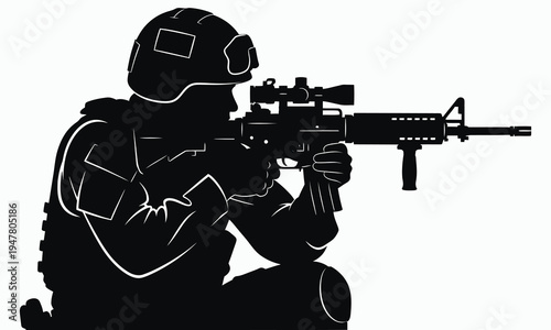 Silhouette of a soldier in tactical gear aiming a rifle isolated on white background