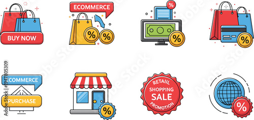 Ecommerce Shopping and Online Sale Icon Set with Shopping Bags, Storefront, Discount Tags and Retail Promotion Vector Illustration