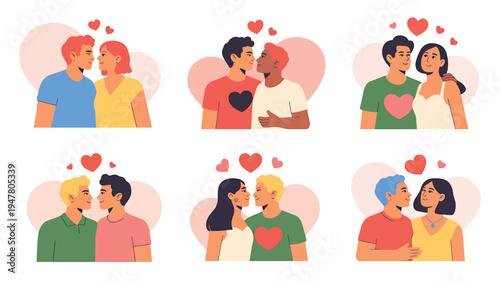 Diverse Couples Expressing Love and Affection in Romantic Illustrations.