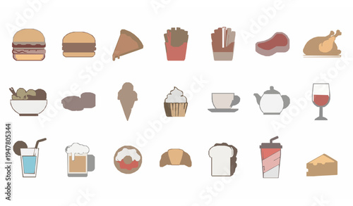 Food and drink thin line icon set with restaurant meal fast food dessert coffee and alcohol editable stroke vector collection