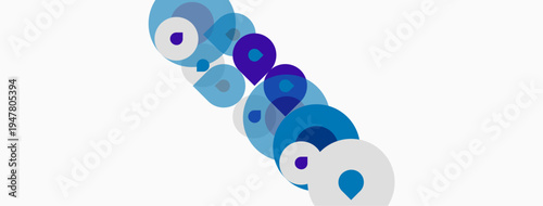Abstract circles, varying shades blue, purple, white. Diagonal arrangement creates dynamic visual flow. Minimalist design, clean background.