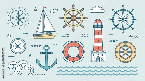 Charming Pastel Line Illustrations of Ocean-Themed Motifs, Perfect for Coastal and Adventure Designs