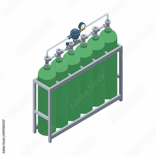 Isometric illustration of a rack of green gas cylinders with gauges and piping.