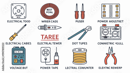 A comprehensive set of electrical engineering and DIY repair tools. Line art illustrations of essential electronic components, instruments, and utility items