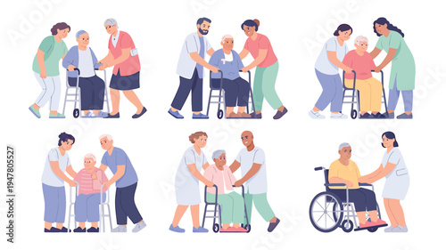 Elderly Caregivers Assisting Seniors with Mobility Aids in Various Settings.