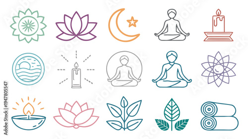 Elegant outline icons representing spiritual wellness, mindful meditation, and natural relaxation. Ideal for designs promoting peace, balance, and a holistic lifestyle