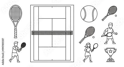 Tennis Elements - Rackets, Court, Ball, Players, and Trophy Illustration.