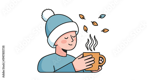 Woman in blue hat holding coffee.