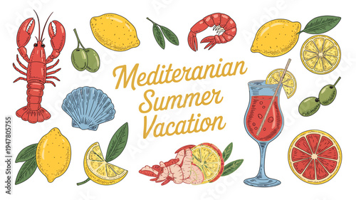 Mediterranean Summer Vacation Food and Drink Elements.
