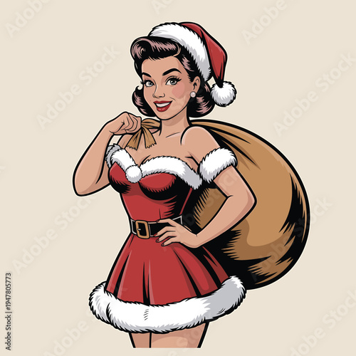 Retro Pin Up Santa Girl with Gift Bag.