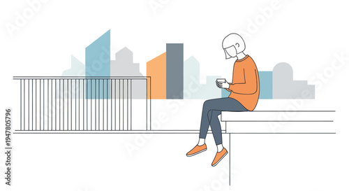 Man sitting on ledge using phone.