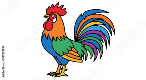 Colorful cartoon rooster standing proudly alone.