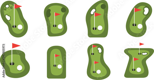 Golf Course Illustration Set Featuring Green Fairways, Holes, and Flags for Sports, Outdoor, and Recreation Designs