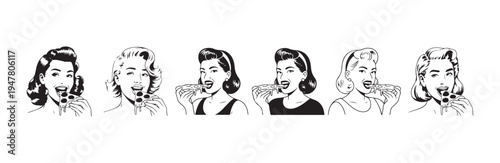 Retro pin up women eating pizza vintage comic book pop art style black and white