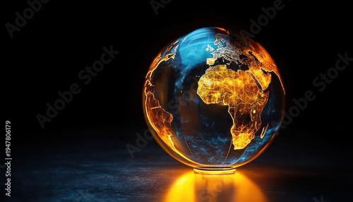 Wallpaper Mural glowing glass globe with illuminated networked continents over africa and europe on a dark reflective surface, evoking futuristic urgency and warm intensity Torontodigital.ca