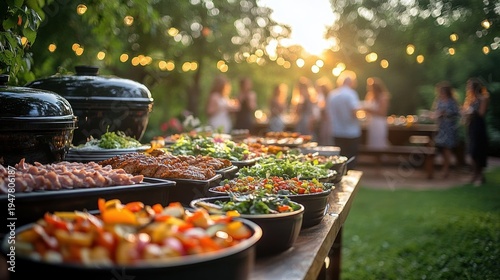 Wallpaper Mural sunlit outdoor buffet of colorful salads, grilled dishes and serving pots on a wooden table with string lights and blurred guests enjoying a relaxed festive garden gathering Torontodigital.ca