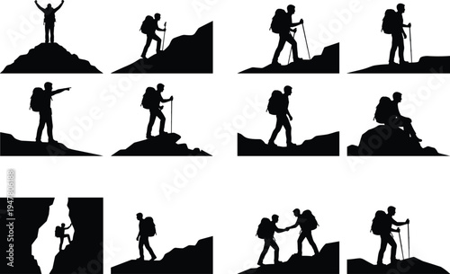 Collection of hiking and mountain climbing silhouettes showing backpackers trekking, exploring wilderness, adventure travel activities and outdoor expedition lifestyle illustration set