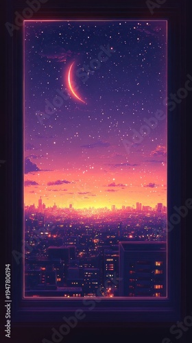 Wallpaper Mural framed window overlooking glowing urban skyline at dusk with crescent moon, starry violet-pink sky, scattered clouds and twinkling city lights evoking a serene dreamy wonder Torontodigital.ca