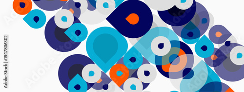 Abstract composition featuring overlapping circles, squares. Blue, orange hues dominate white background. Modern, geometric design.