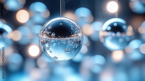 Wallpaper Mural hanging transparent glass spheres filled with water and tiny air bubbles against soft blue bokeh lights, dreamy serene atmosphere Torontodigital.ca