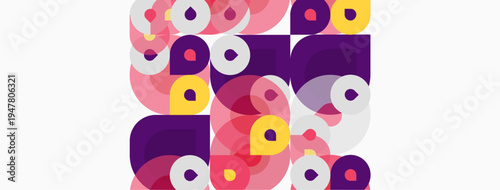 Abstract composition featuring overlapping circles, squares, rectangles. Pink, purple, yellow hues dominate design. Modern, geometric patterns present.